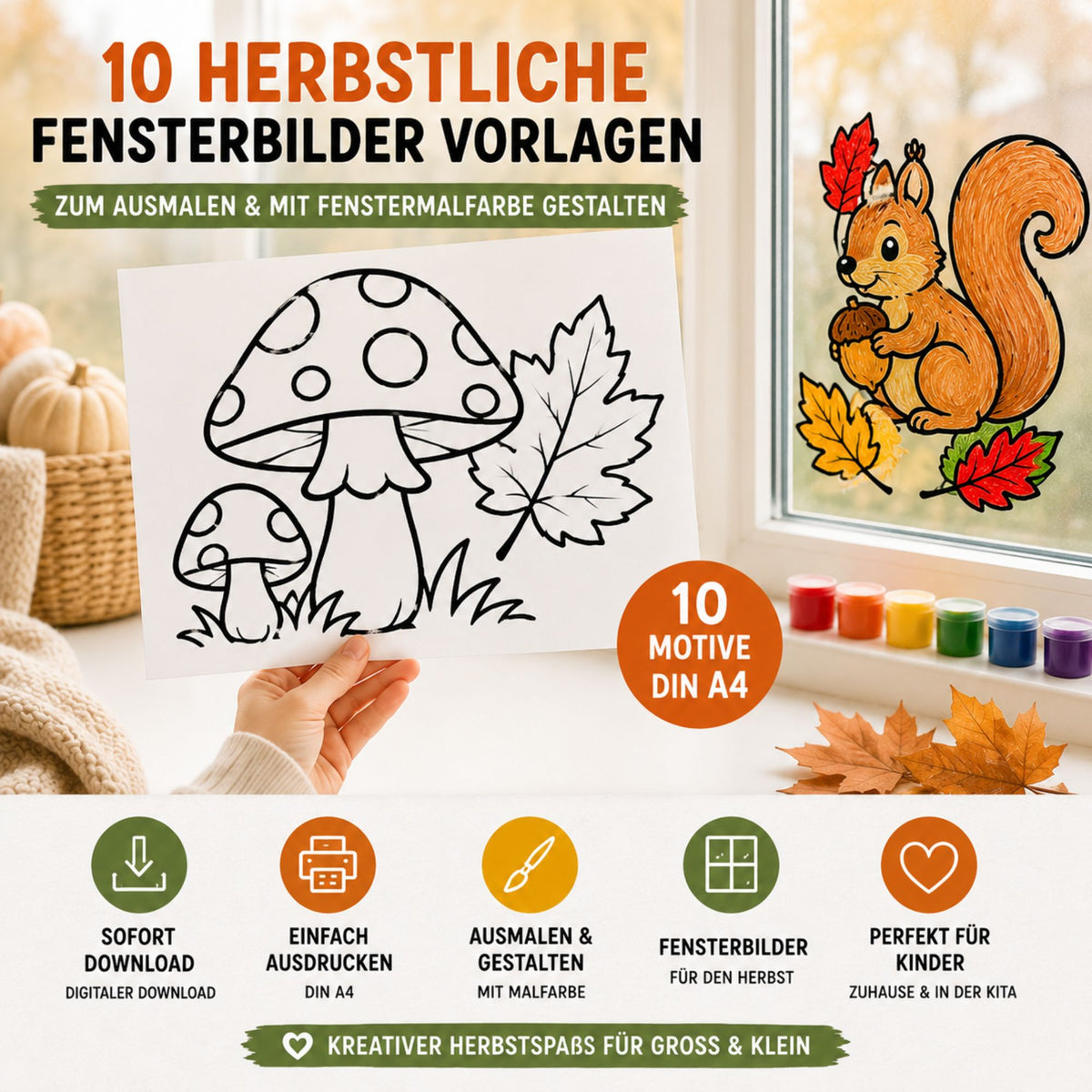 23 Herbst Fensterbilder Vorlagen für Kinder | Ausmalbilder Herbst | Fenstermalfarbe Vorlagen | PDF Download DIN A4 | Herbst Basteln