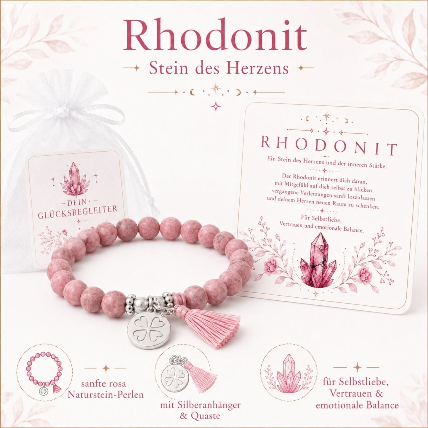 MilaBoo® Rhodonit Armband Damen – Edelstein Armband mit Kleeblatt-Anhänger, Quaste & Geschenk-Karte