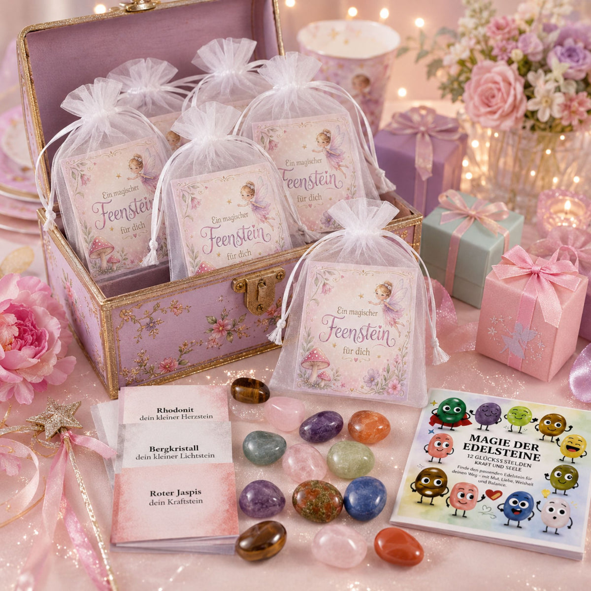 Feensteine 12er Set – magische Edelsteine mit Feenkarten & Broschüre „Magie der Edelsteine“ als Mitgebsel