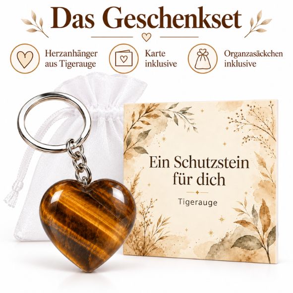 Tigerauge Herz Schlüsselanhänger „Ein Schutzstein für dich“ – Glücksbringer mit Karte im Organzasäckchen