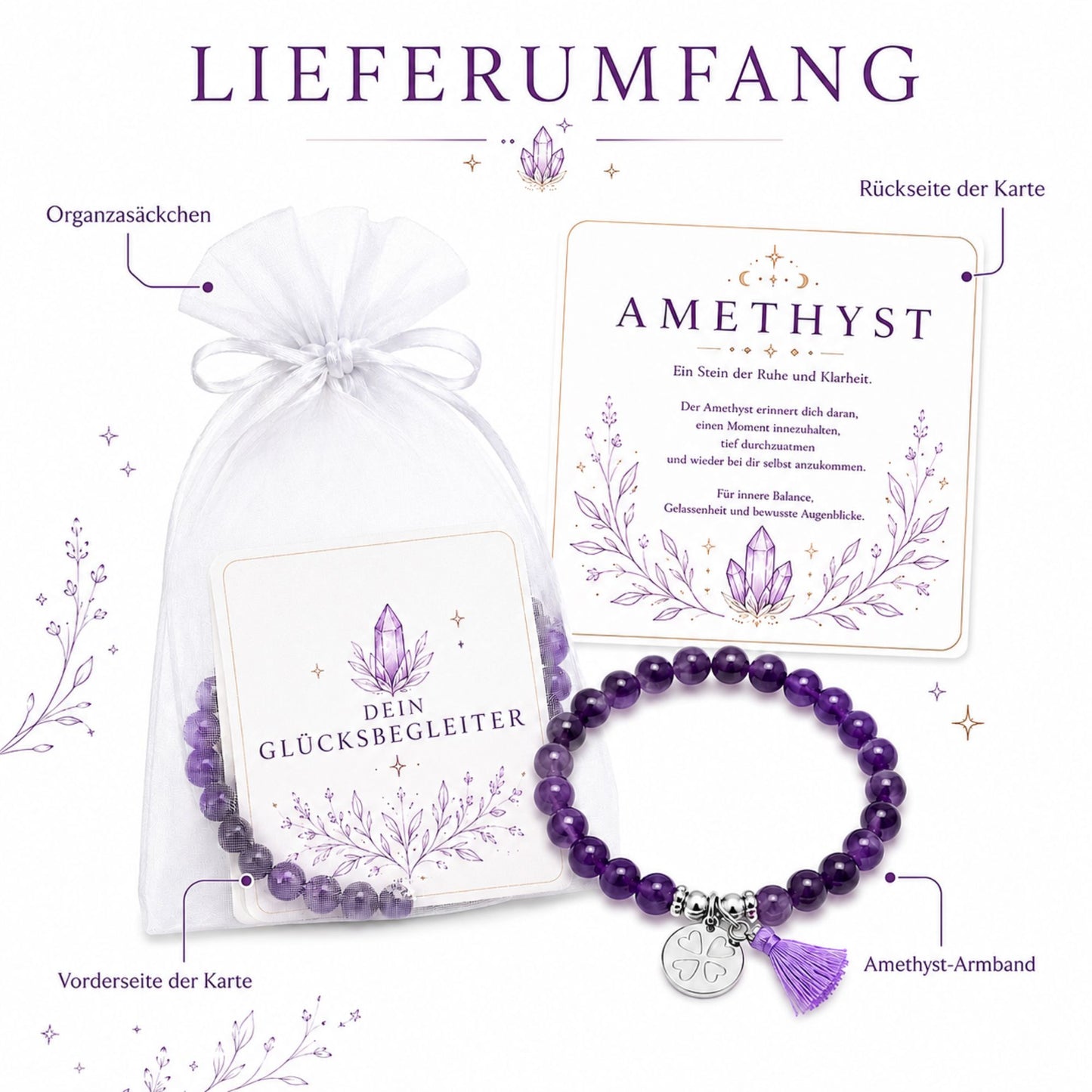 MilaBoo® Amethyst Armband Damen – Naturstein Armband mit Kleeblatt-Anhänger & Quaste als liebevolles Geschenk