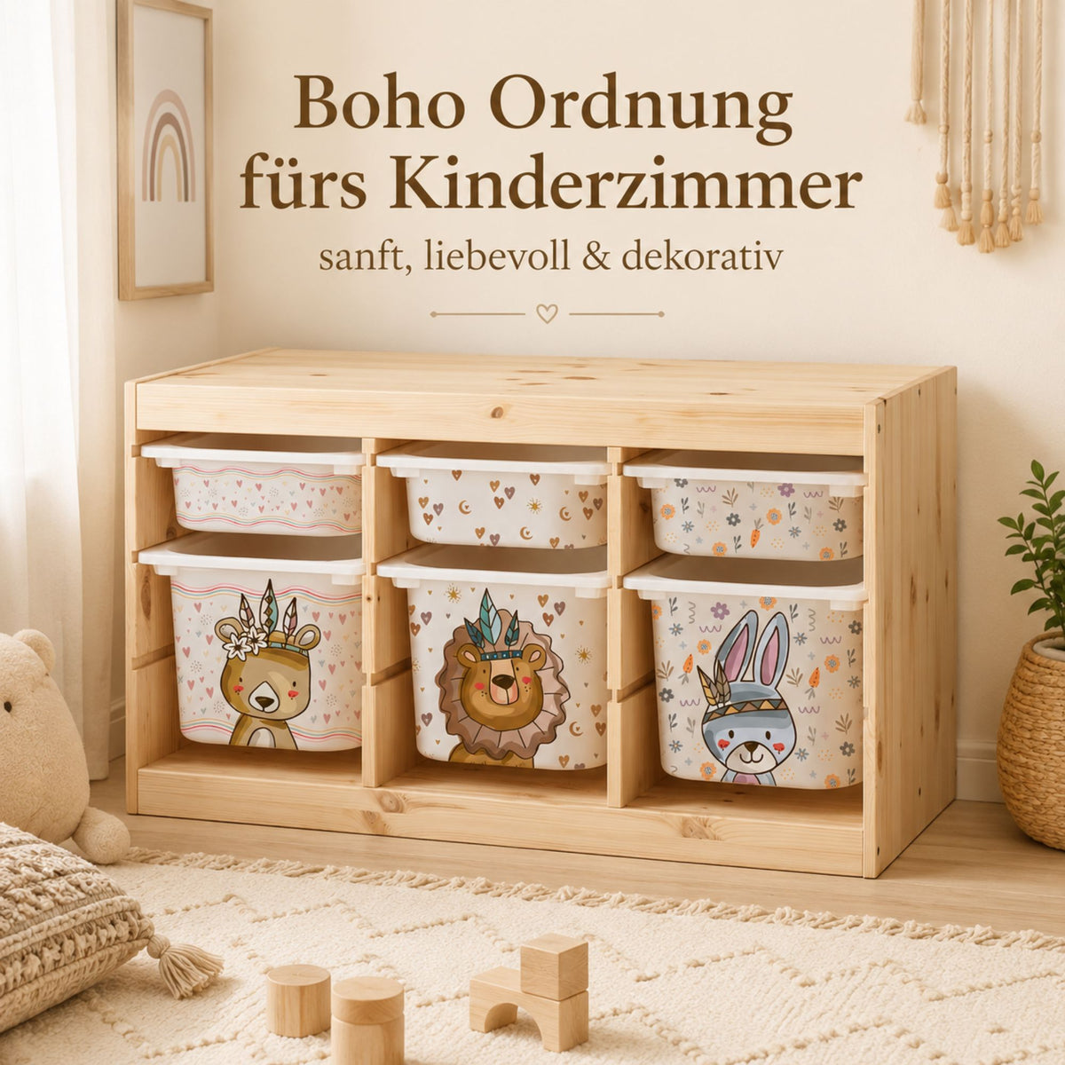 MilaBoo® Boho-Aufkleber für IKEA TROFAST – 6er-Set in Beige- und Naturtönen für große und kleine Boxen