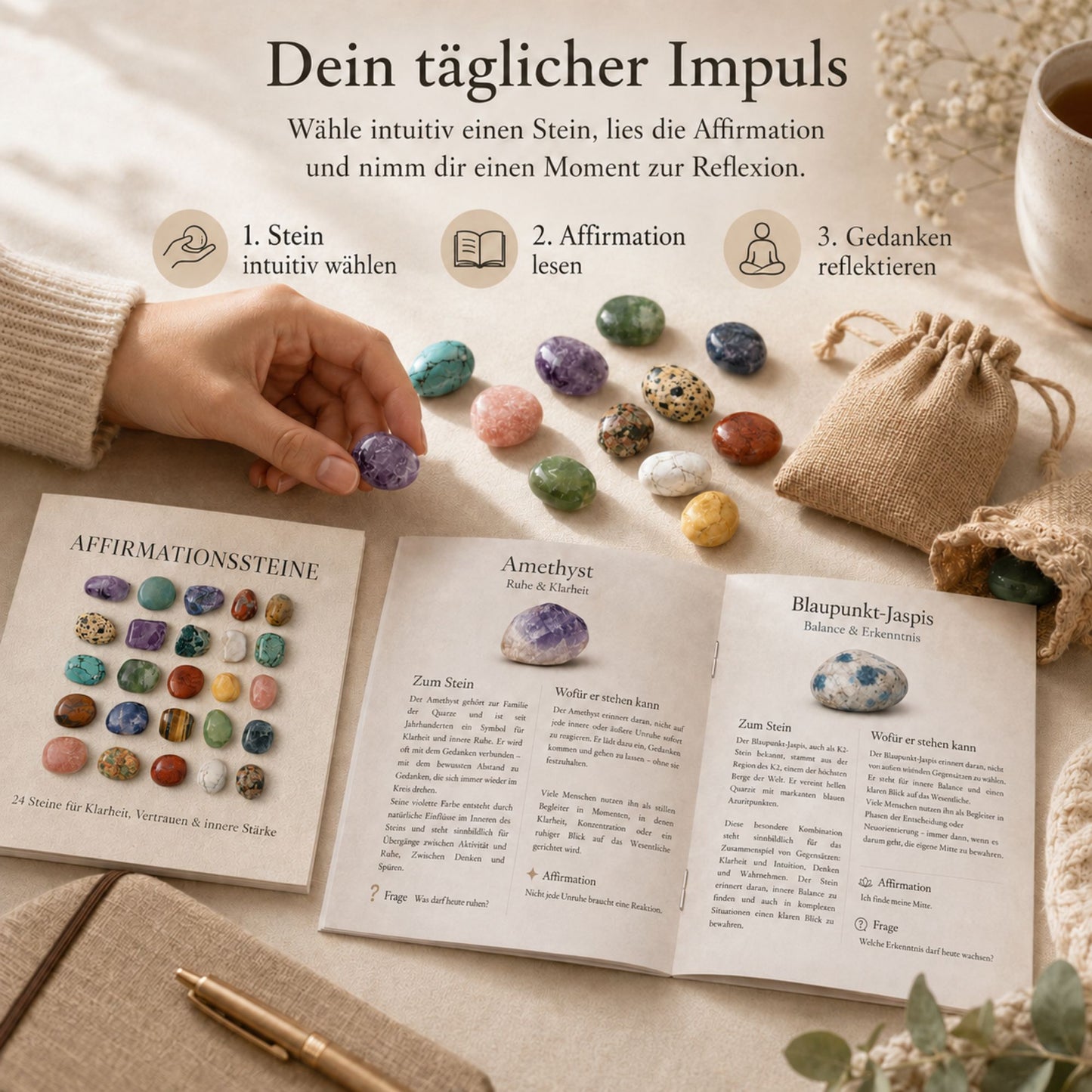 Affirmationssteine Set – 24 Edelsteine mit Broschüre, Jutebeuteln & Bedeutungskarte für Klarheit, Vertrauen und innere Stärke