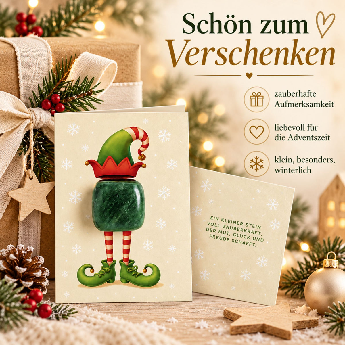 MilaBoo® Wichtelstein mit Karte – Magischer Glücksstein für die Wichtelzeit – Wichtel Zubehör Weihnachten, kleine Überraschung für Kinder, Mutstein & Glücksbringer