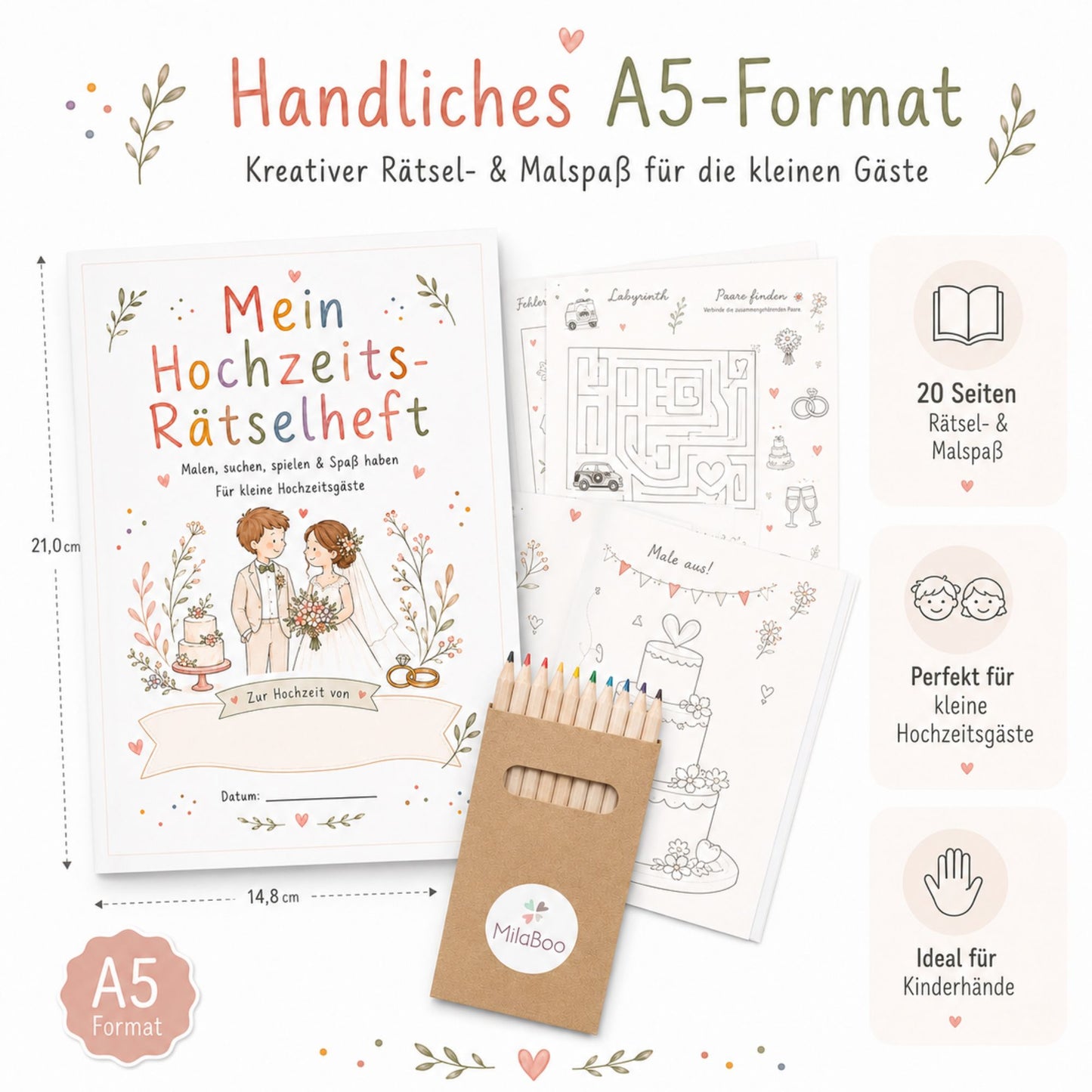 MilaBoo® Hochzeits-Rätselheft für Kinder – 10er-Set mit Buntstiften, 20 Seiten Mal- und Rätselspaß ab 3 Jahren