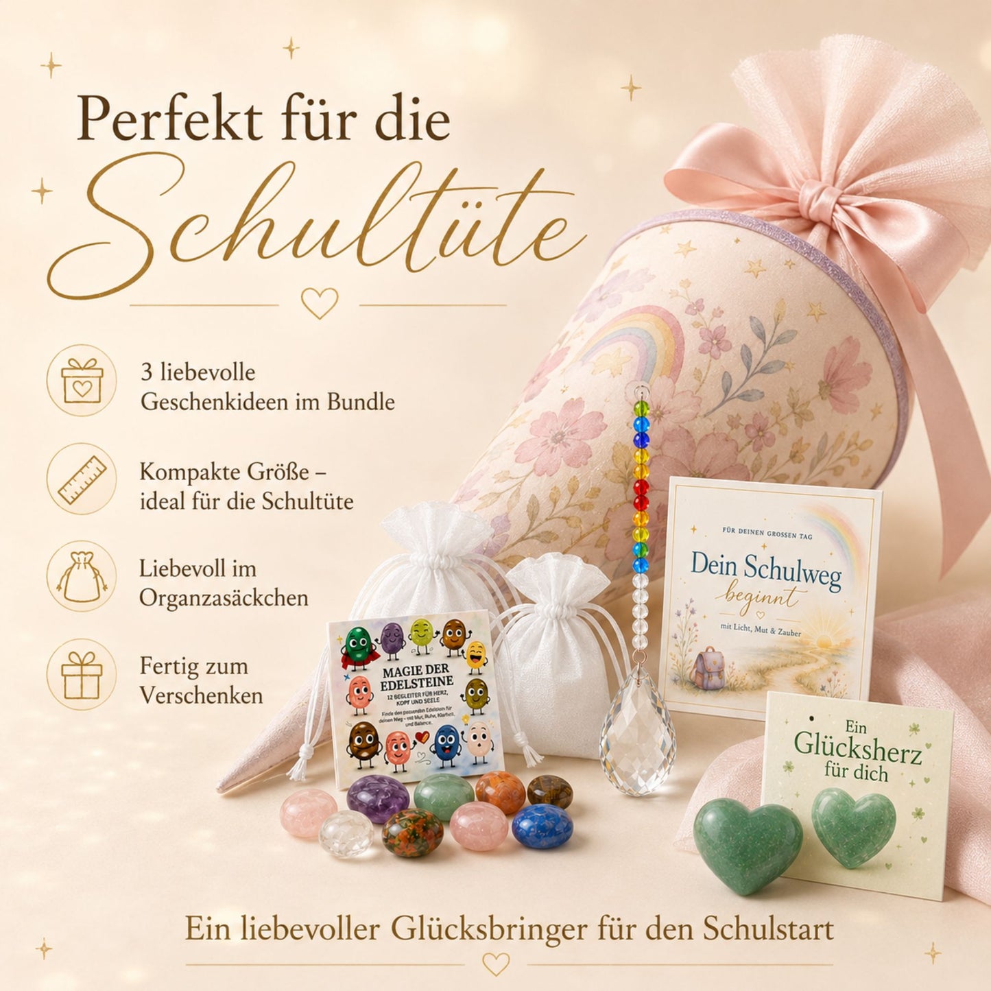 Geschenkset zur Einschulung – 3 Glücksbringer für die Schultüte mit Edelsteinen, Sonnenfänger & Aventurin-Herz