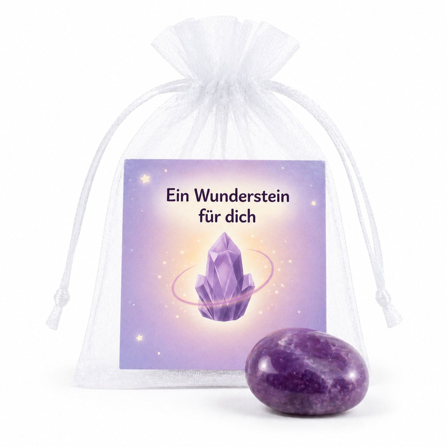 Wunderstein Amethyst zur Einschulung – Glücksstein mit Karte im Organzasäckchen
