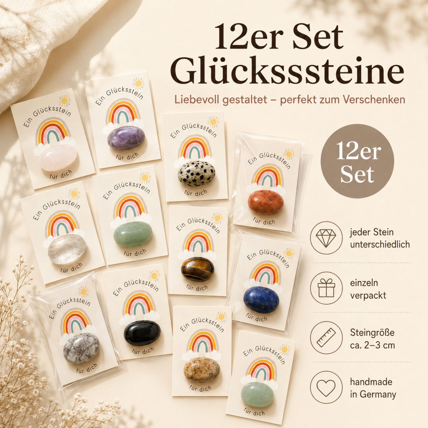 12er Set Glückssteine mit Karte – Natursteine einzeln verpackt als Glücksbringer, Mitgebsel & kleine Geschenkidee