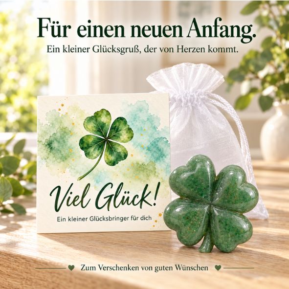 Glücks-Kleeblatt aus Aventurin mit Karte „Viel Glück!“ im Organzabeutel – kleiner Glücksbringer