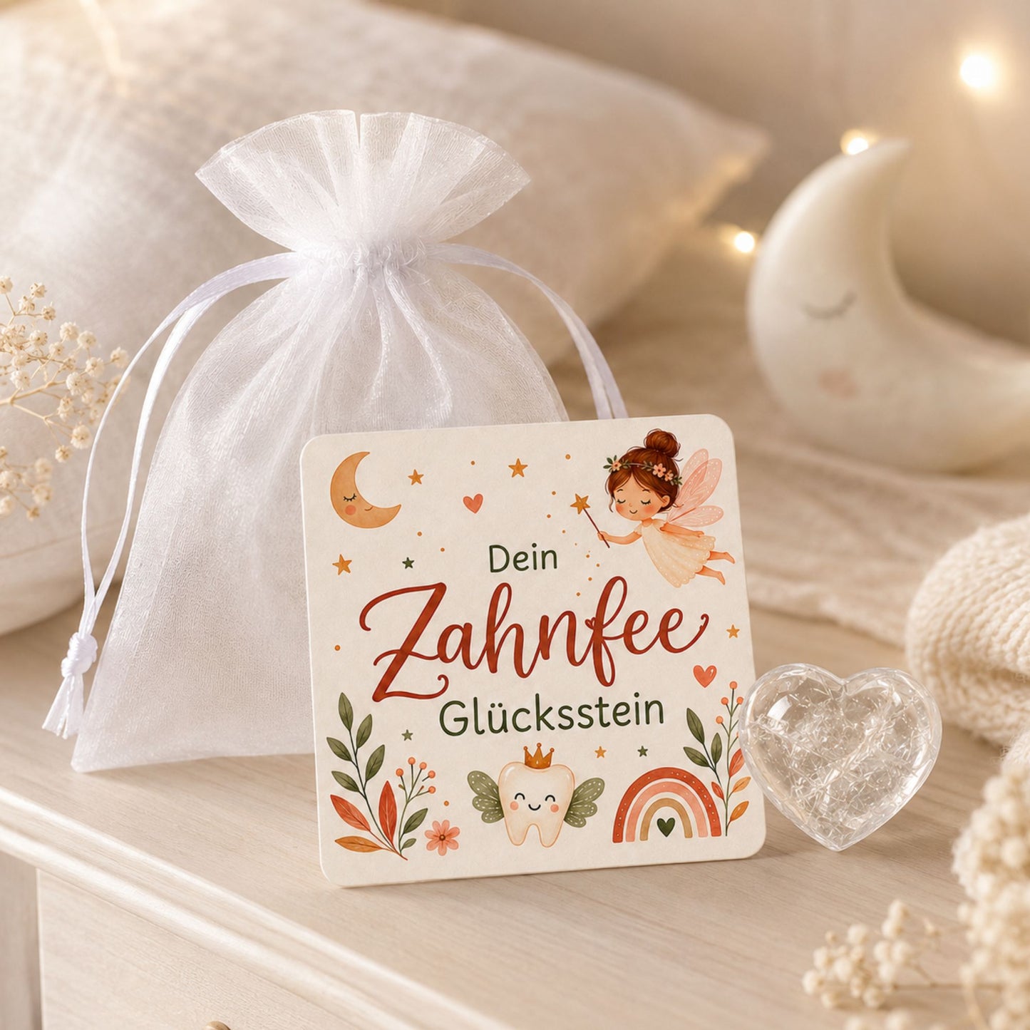 Zahnfee Glücksstein aus Bergkristall – liebevolles Geschenk mit Karte & Organzasäckchen