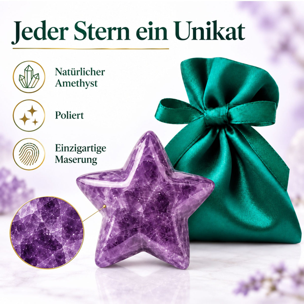 Edelstein-Stern 4 cm im Satinbeutel – Glücksstern aus Naturstein als kleine Aufmerksamkeit