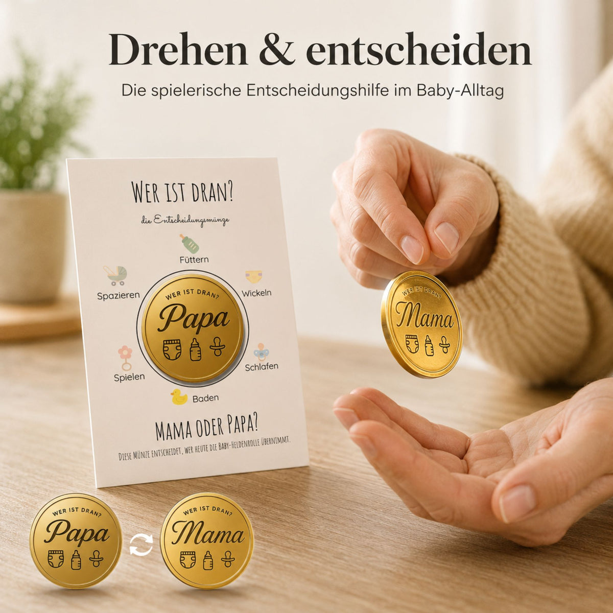 MilaBoo® „Mama oder Papa“-Entscheidungsmünze – goldene Münze 4,5 cm mit Karte für Baby Shower, Geburt und Familienalltag