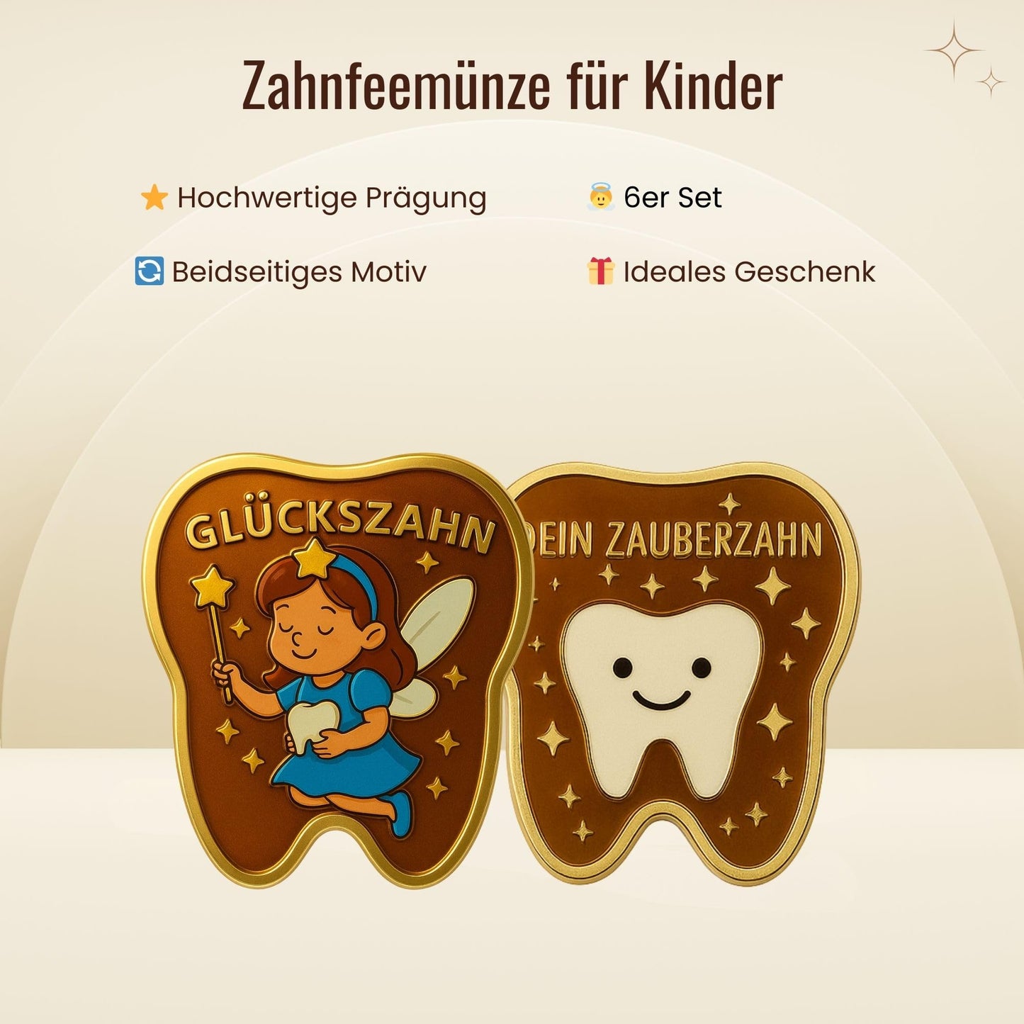 6er Set Zahnfee-Münzen – Glücksmünzen für Kinder im Organzasäckchen
