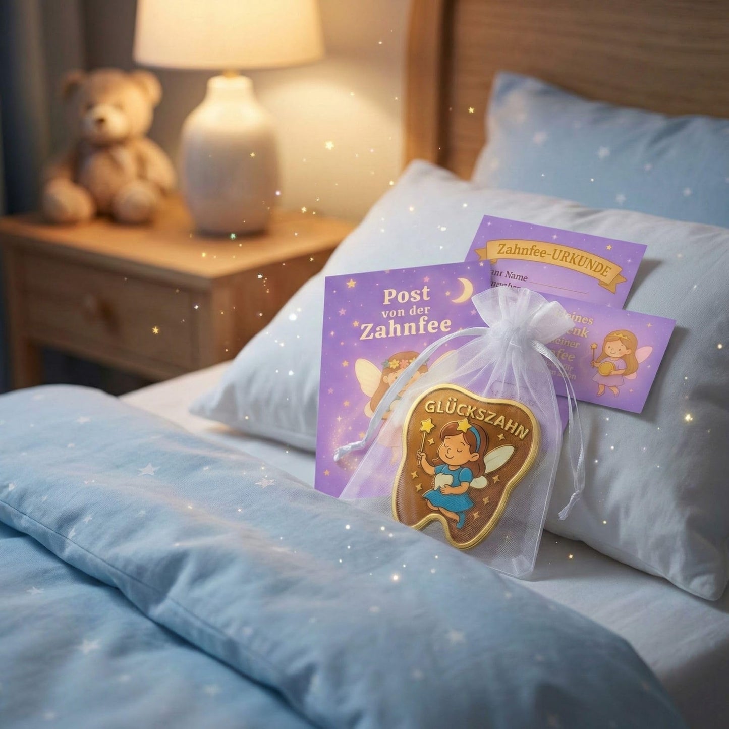 Milaboo® Zahnfee Geschenk Kinder – lila Karte mit Glückszahn & Urkunde