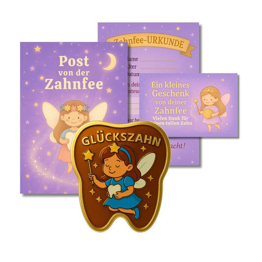 Milaboo® Zahnfee Geschenk Kinder – lila Karte mit Glückszahn & Urkunde
