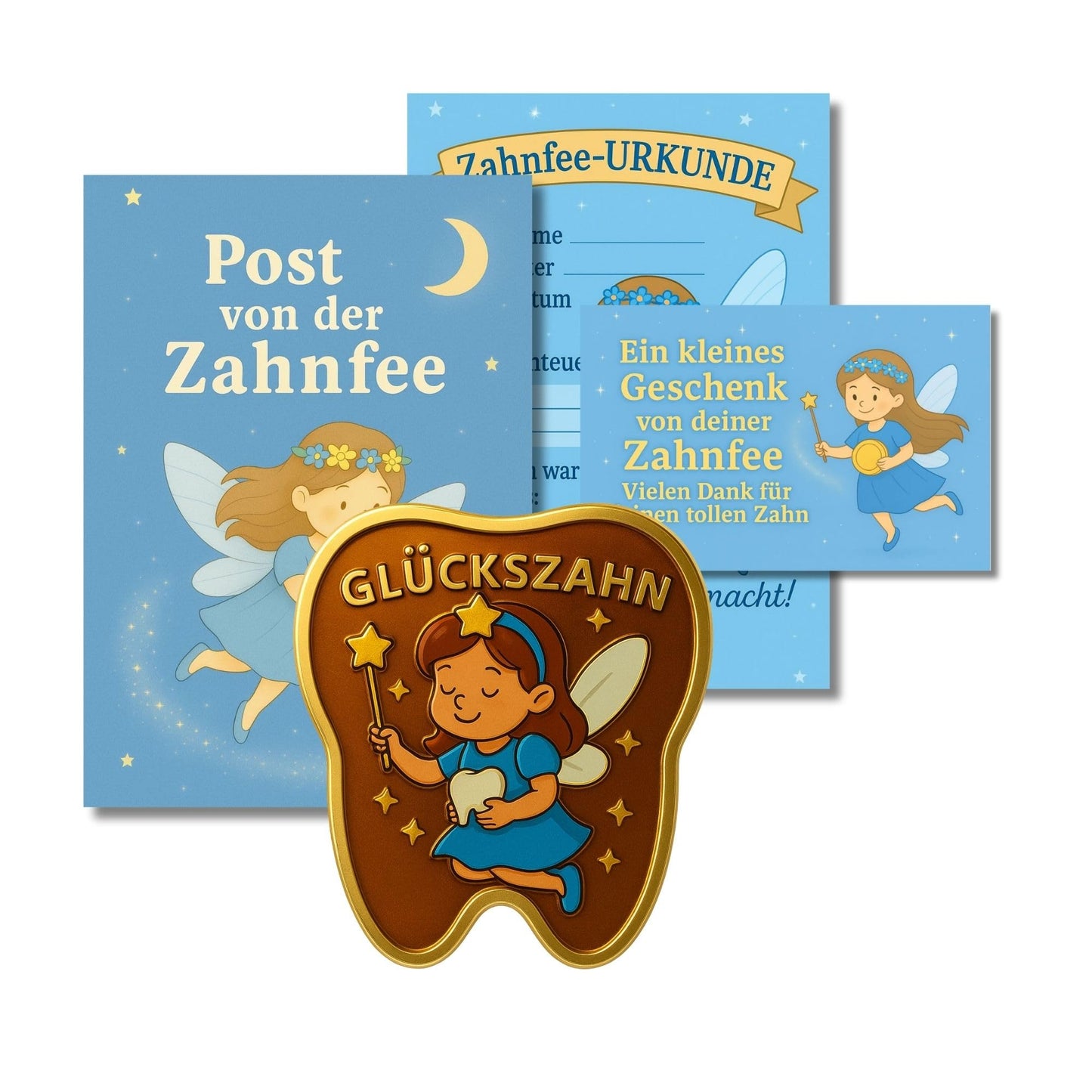 Milaboo® Zahnfee Geschenk Kinder – blaue Karte mit Glückszahn & Urkunde