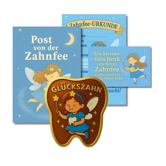 Milaboo® Zahnfee Geschenk Kinder – blaue Karte mit Glückszahn & Urkunde