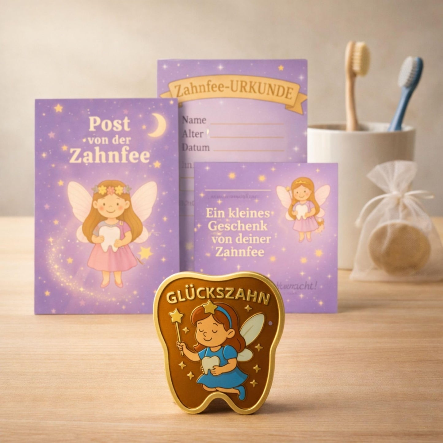 Milaboo® Zahnfee Geschenk Kinder – lila Karte mit Glückszahn & Urkunde