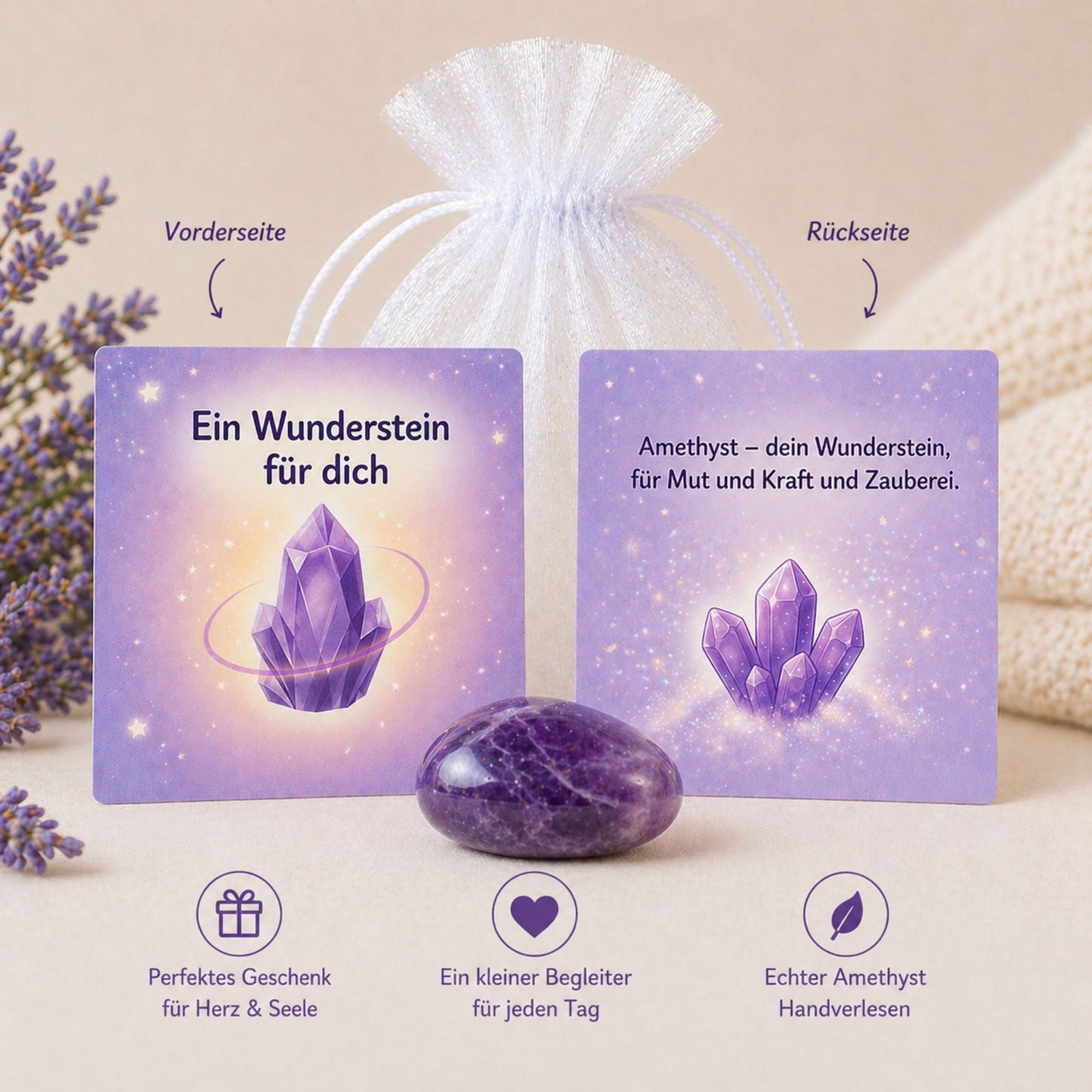 Wunderstein Amethyst zur Einschulung – Glücksstein mit Karte im Organzasäckchen