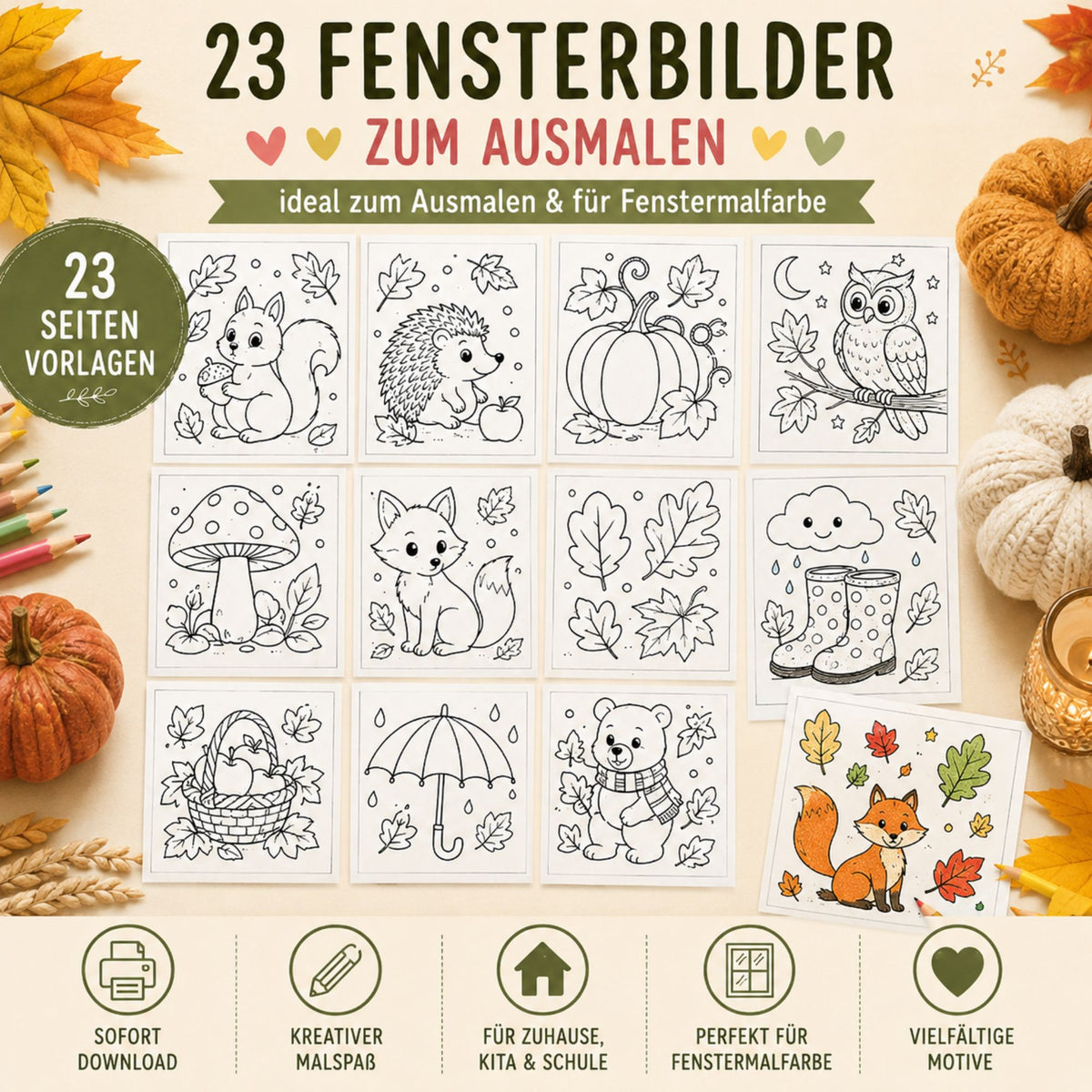 23 Herbst Fensterbilder Vorlagen für Kinder | Ausmalbilder Herbst | Fenstermalfarbe Vorlagen | PDF Download DIN A4 | Herbst Basteln