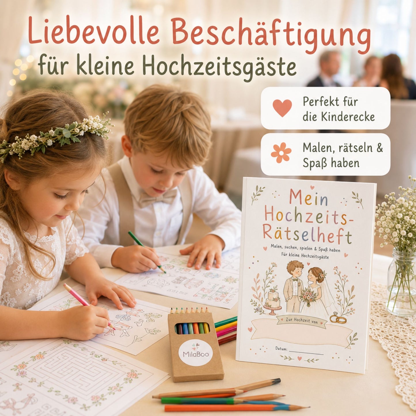 MilaBoo® Hochzeits-Rätselheft für Kinder – 10er-Set mit Buntstiften, 20 Seiten Mal- und Rätselspaß ab 3 Jahren