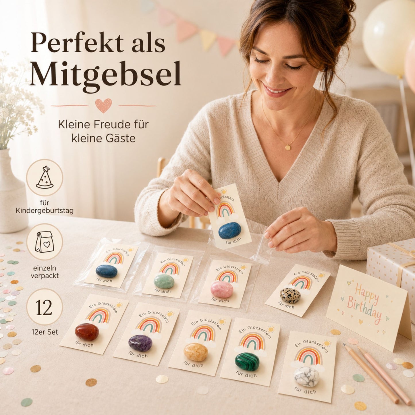 12er Set Glückssteine mit Karte – Natursteine einzeln verpackt als Glücksbringer, Mitgebsel & kleine Geschenkidee