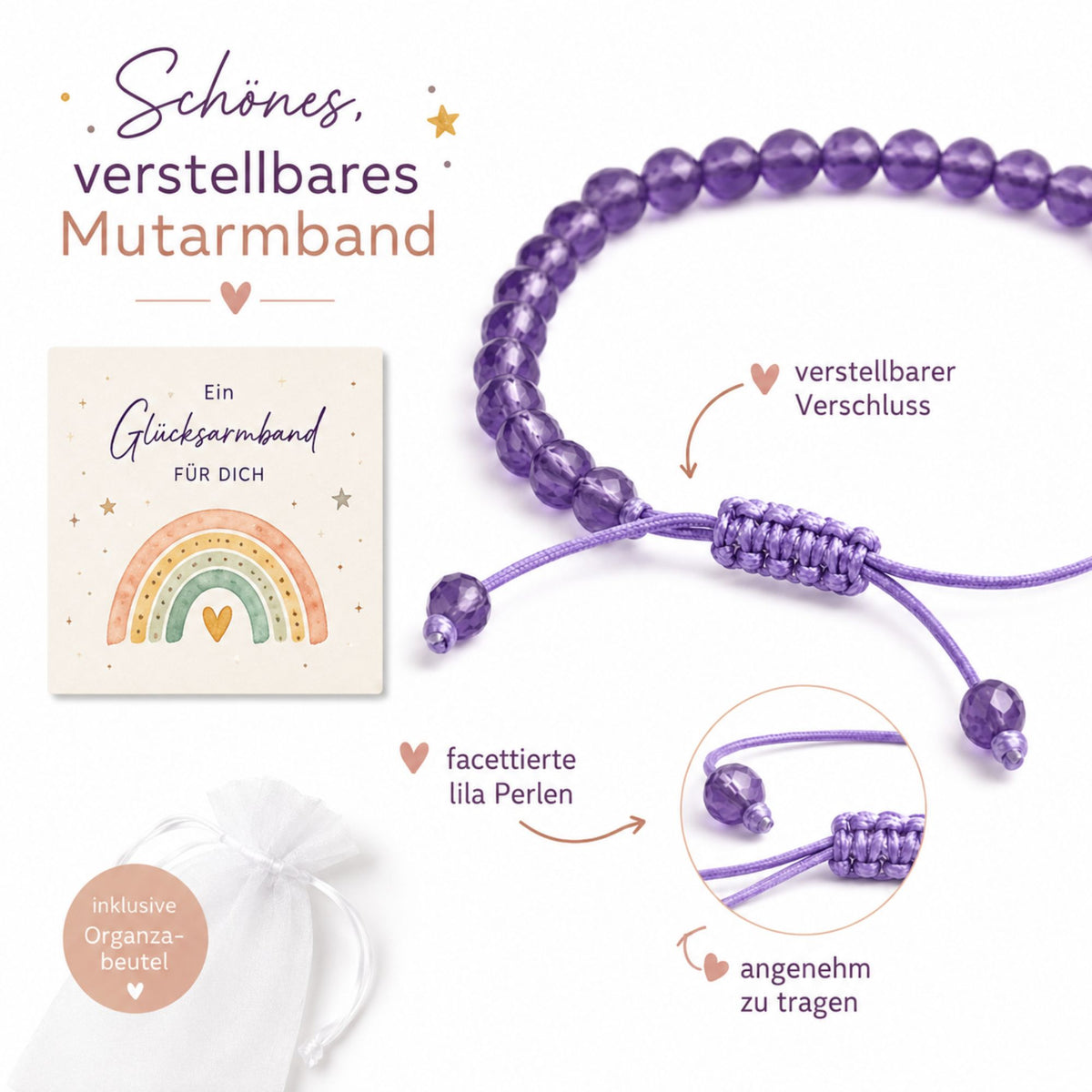 Glücksarmband 6er Set für Kinder – Naturstein-Armbänder mit Regenbogen-Karte im Organzasäckchen als Mitgebsel