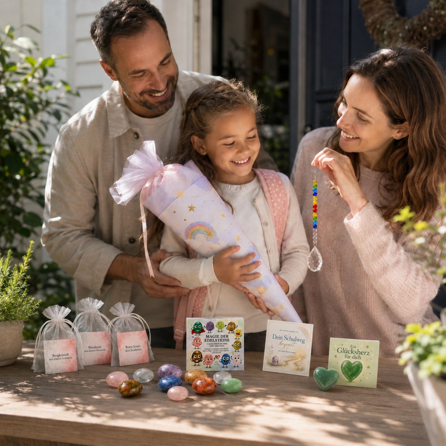 Geschenkset zur Einschulung – 3 Glücksbringer für die Schultüte mit Edelsteinen, Sonnenfänger & Aventurin-Herz