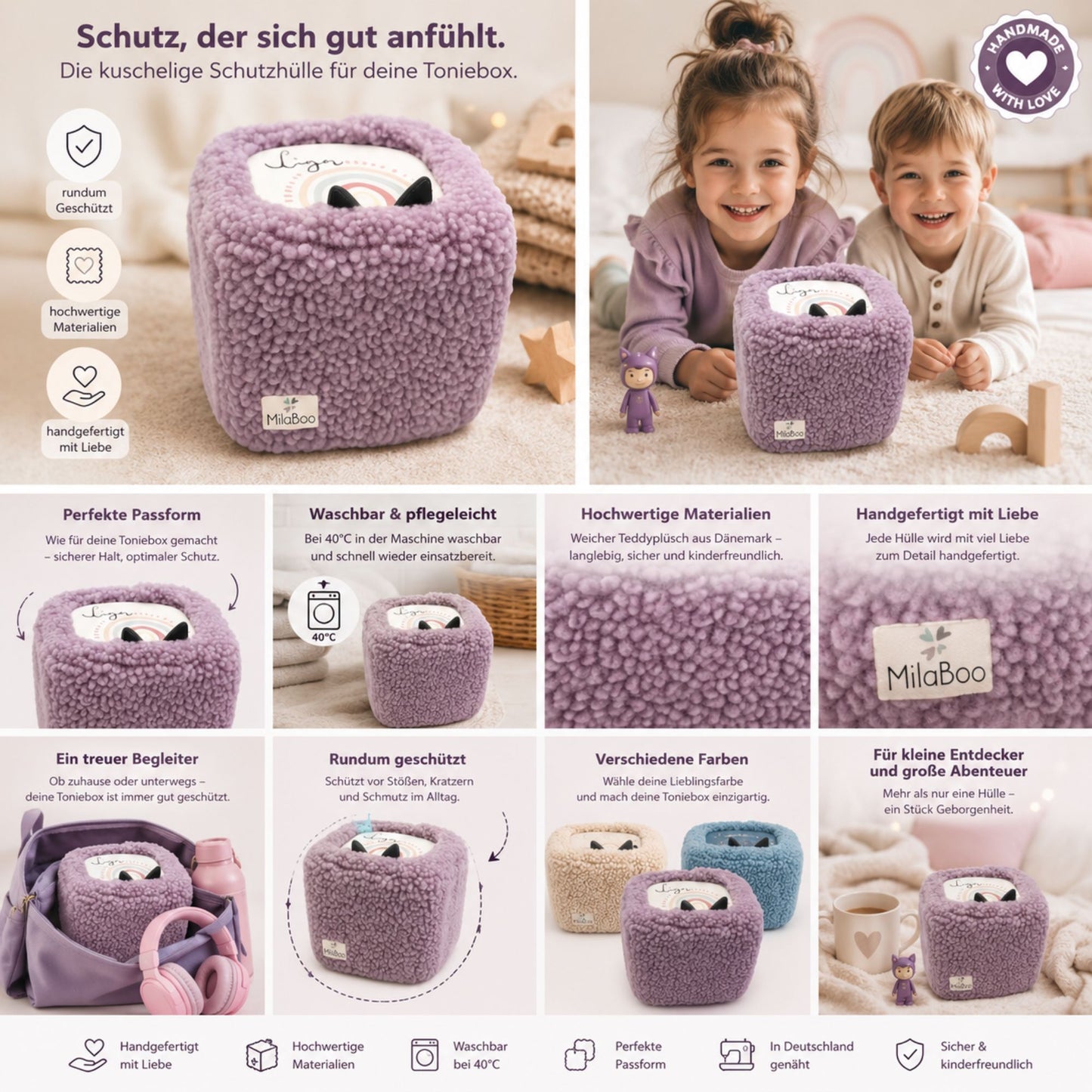 MilaBoo® Teddybezug für Toniebox 1 & 2 – weiche Schutzhülle aus Teddystoff mit Gummizug – Lila