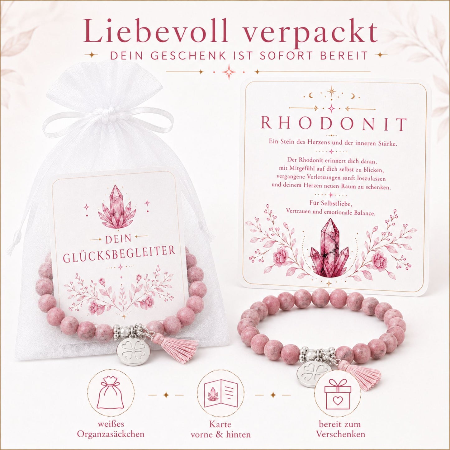 MilaBoo® Rhodonit Armband Damen – Edelstein Armband mit Kleeblatt-Anhänger, Quaste & Geschenk-Karte