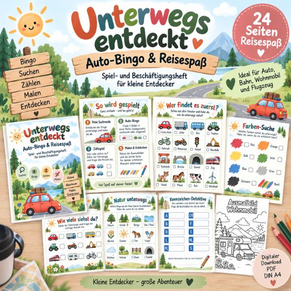 Reisespiele für Kinder zum Ausdrucken | Reise Bingo, Suchspiel & Autofahrt-Beschäftigung | PDF Druckvorlage DIN A4 | Digitaler Download