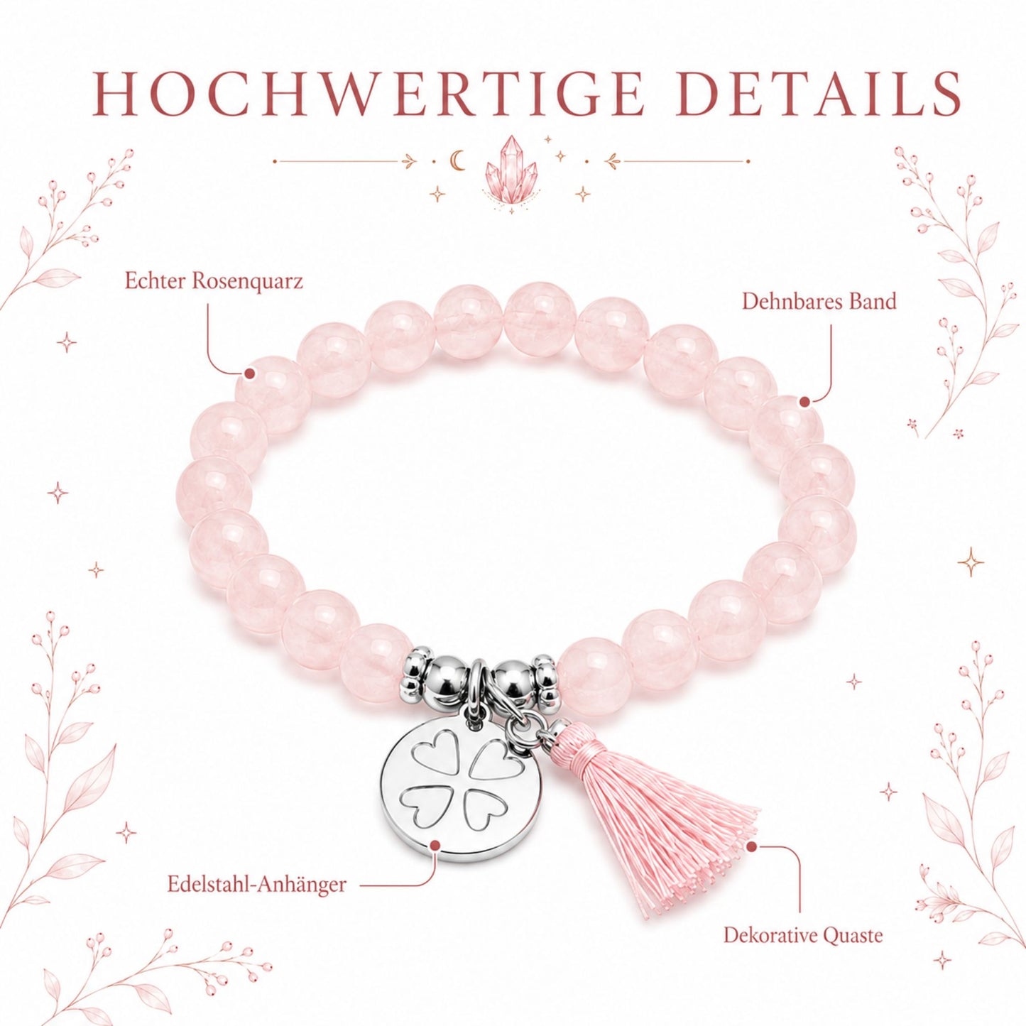 MilaBoo® Rosenquarz Armband Damen – Naturstein Armband mit Kleeblatt-Anhänger & Quaste als liebevolles Geschenk