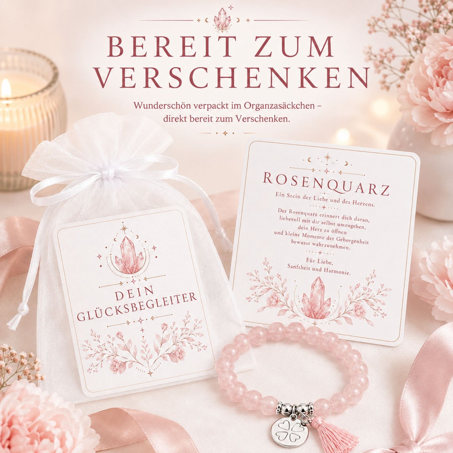 MilaBoo® Rosenquarz Armband Damen – Naturstein Armband mit Kleeblatt-Anhänger & Quaste als liebevolles Geschenk