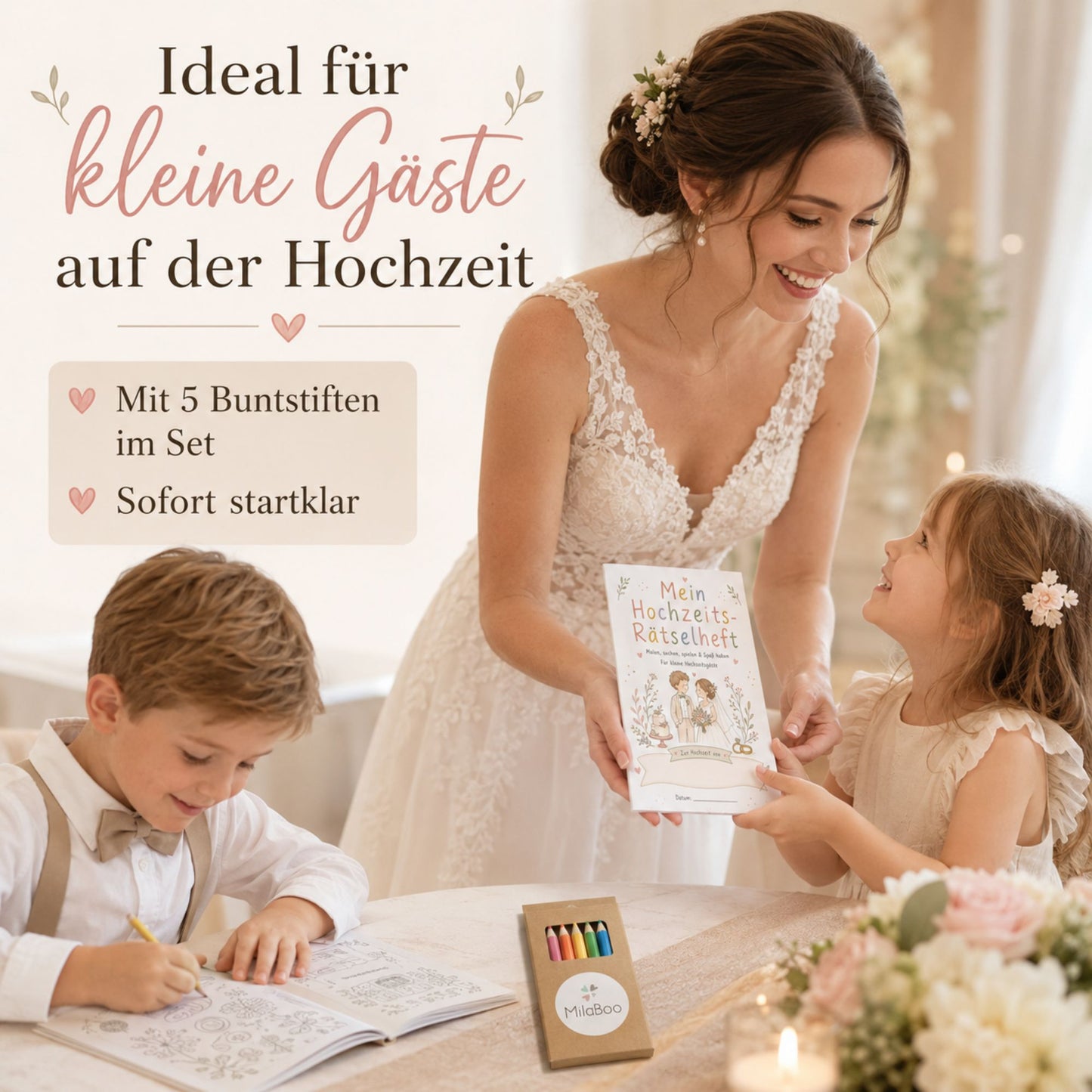 MilaBoo® Hochzeits-Rätselheft für Kinder – 10er-Set mit Buntstiften, 20 Seiten Mal- und Rätselspaß ab 3 Jahren