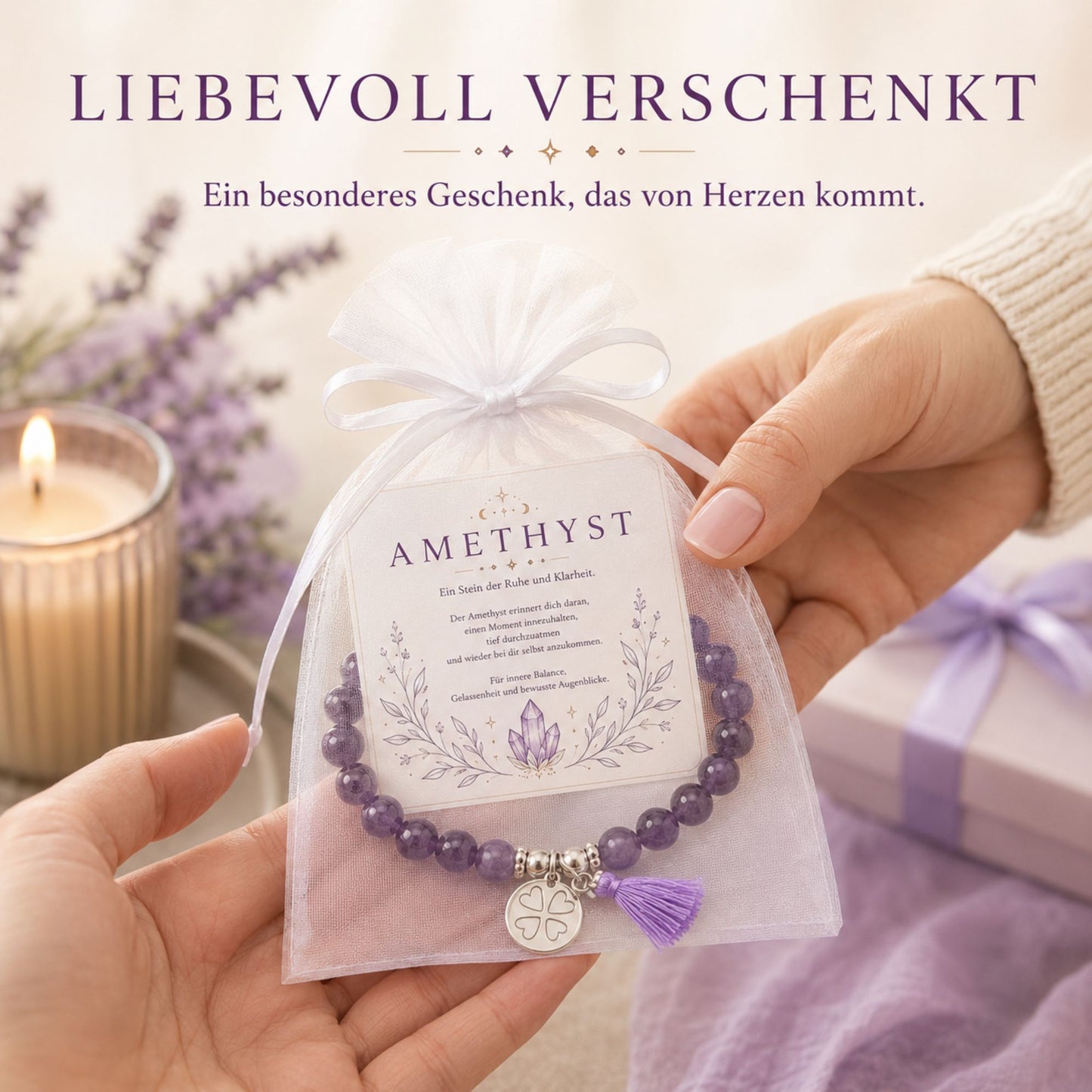 MilaBoo® Amethyst Armband Damen – Naturstein Armband mit Kleeblatt-Anhänger & Quaste als liebevolles Geschenk