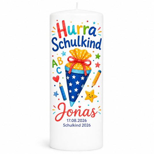 Personalisierte Einschulungskerze „Hurra Schulkind“ – 25 x 8 cm