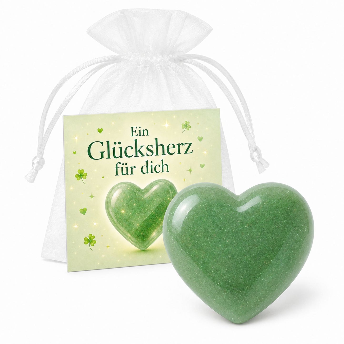 Herzstein Aventurin zur Einschulung – Glücksstein mit Karte im Organzasäckchen