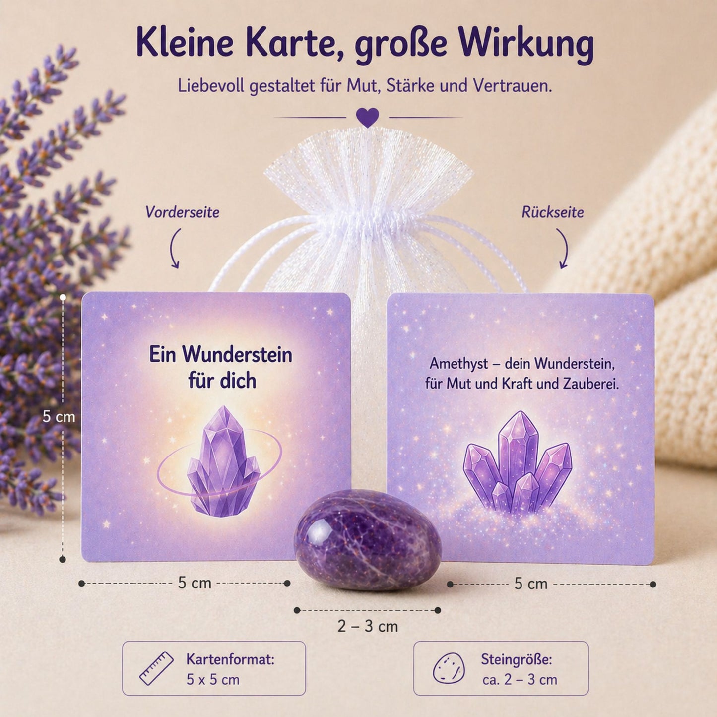 Wunderstein Amethyst zur Einschulung – Glücksstein mit Karte im Organzasäckchen