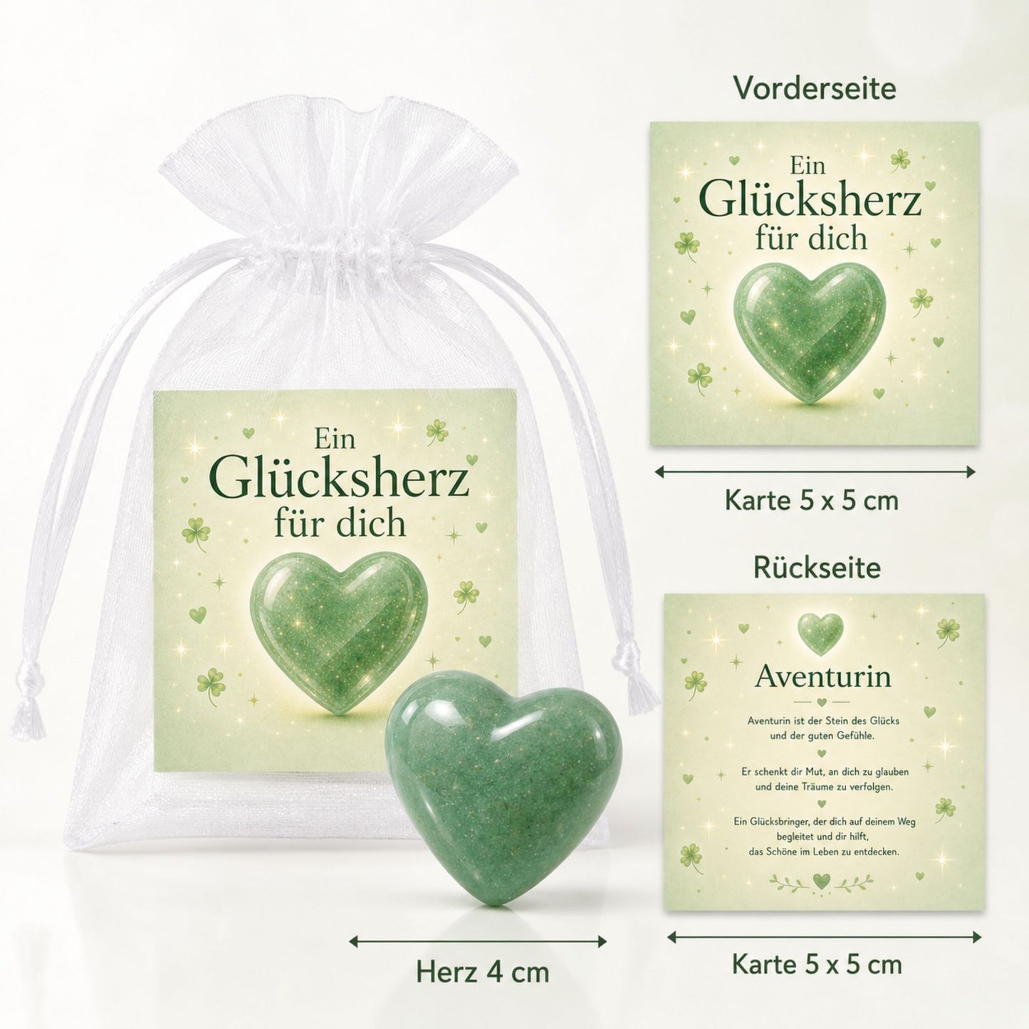 Herzstein Aventurin zur Einschulung – Glücksstein mit Karte im Organzasäckchen