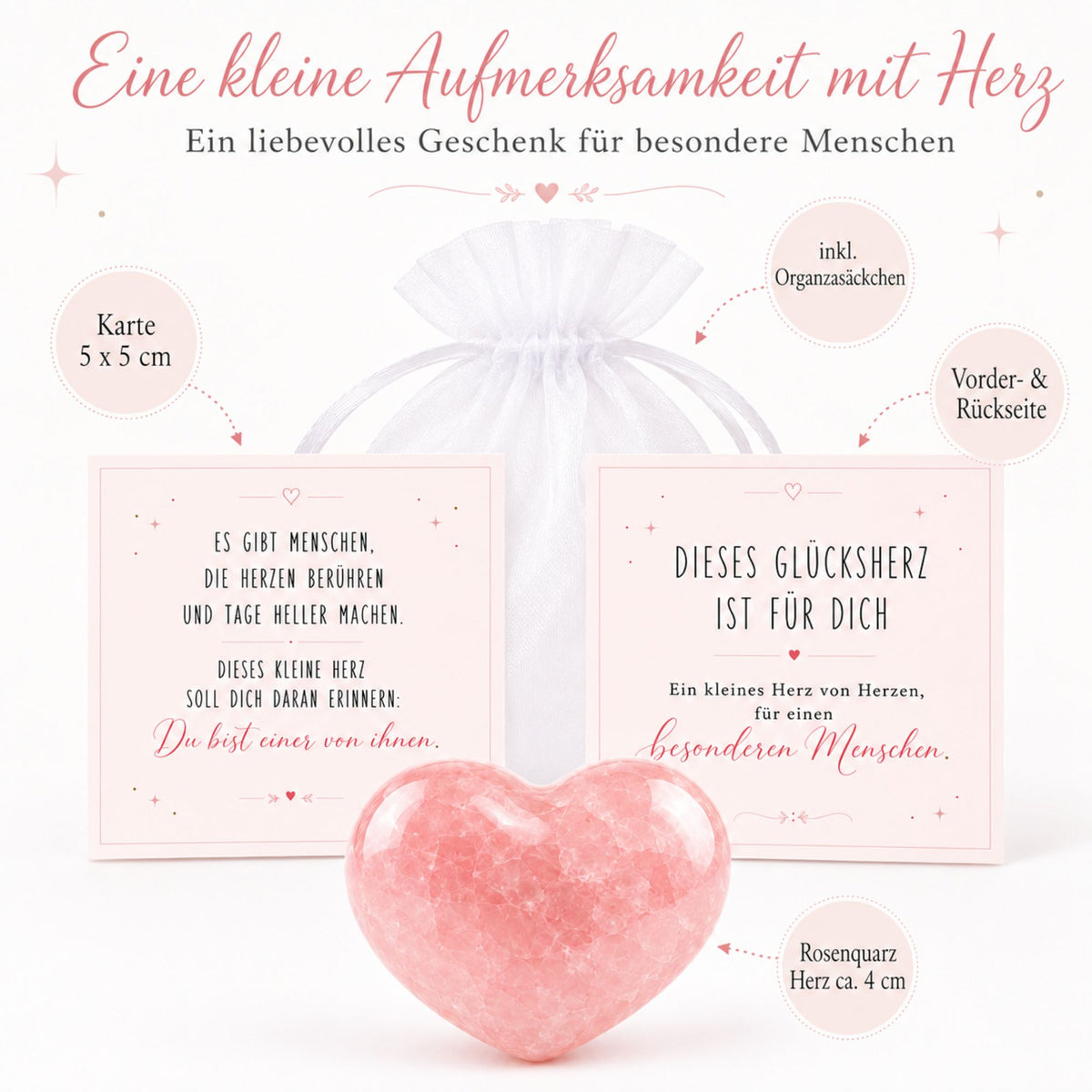 Rosenquarz Herz „Für einen besonderen Menschen“ – Glücksherz mit Karte im Organzasäckchen
