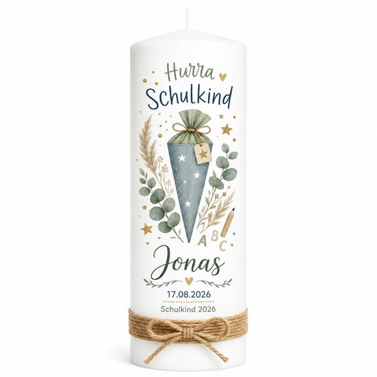 Personalisierte Einschulungskerze „Schultüte blau“ – 25 x 8 cm
