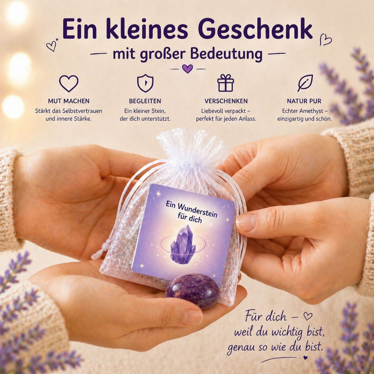 Wunderstein Amethyst zur Einschulung – Glücksstein mit Karte im Organzasäckchen