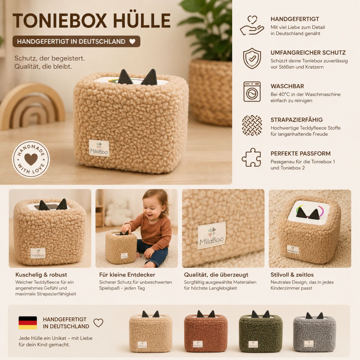 Toniebox Hülle Teddy Beige, kuschelige Schutzhülle für Toniebox 1 & 2, handgemacht in Deutschland, weicher Bezug fürs Kinderzimmer