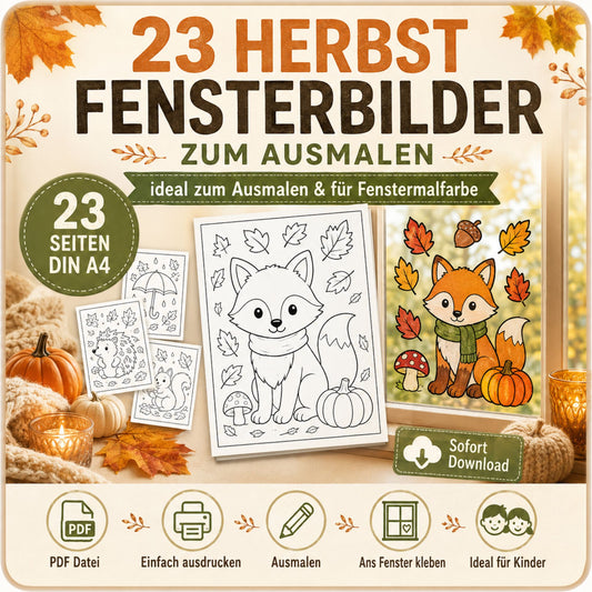 23 Herbst Fensterbilder Vorlagen für Kinder | Ausmalbilder Herbst | Fenstermalfarbe Vorlagen | PDF Download DIN A4 | Herbst Basteln