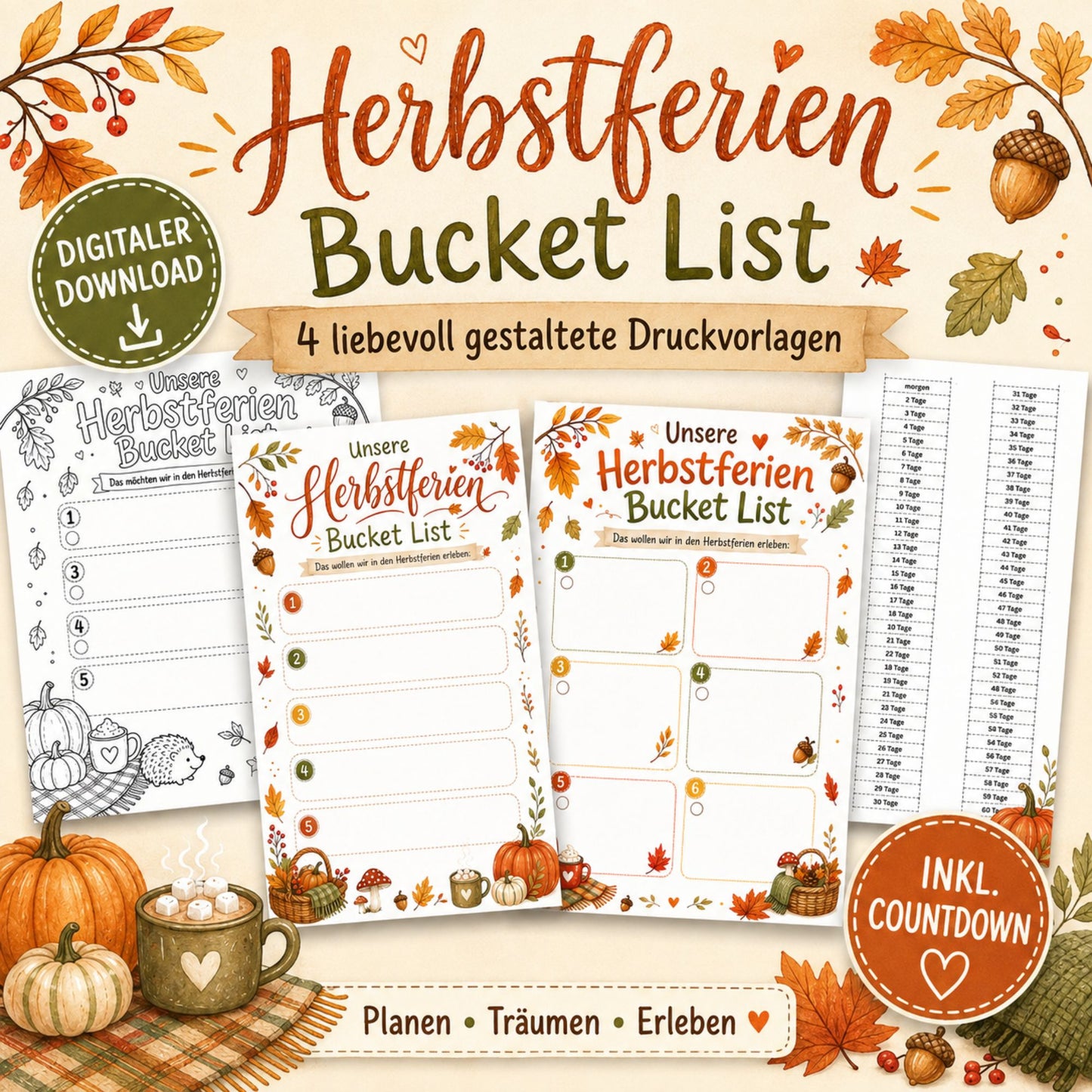 Herbstferien Bucket List für Kinder | Ferien Bucket Liste zum Ausdrucken | Herbstferien Aktivitäten | Printable | Digitaler Download