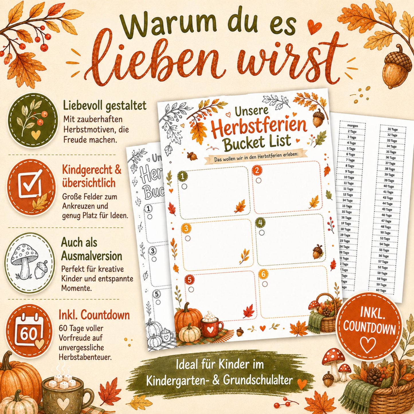 Herbstferien Bucket List für Kinder | Ferien Bucket Liste zum Ausdrucken | Herbstferien Aktivitäten | Printable | Digitaler Download