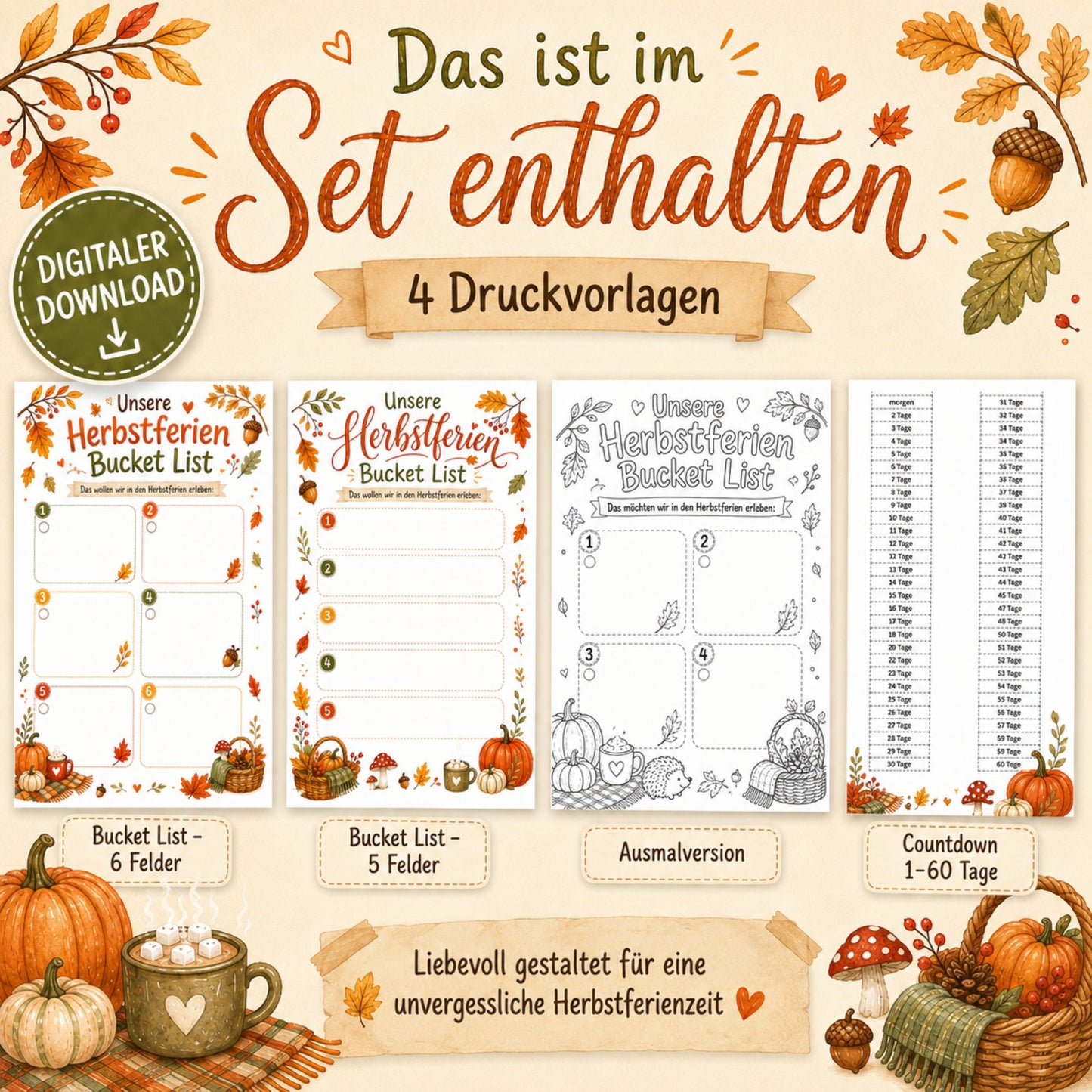 Herbstferien Bucket List für Kinder | Ferien Bucket Liste zum Ausdrucken | Herbstferien Aktivitäten | Printable | Digitaler Download
