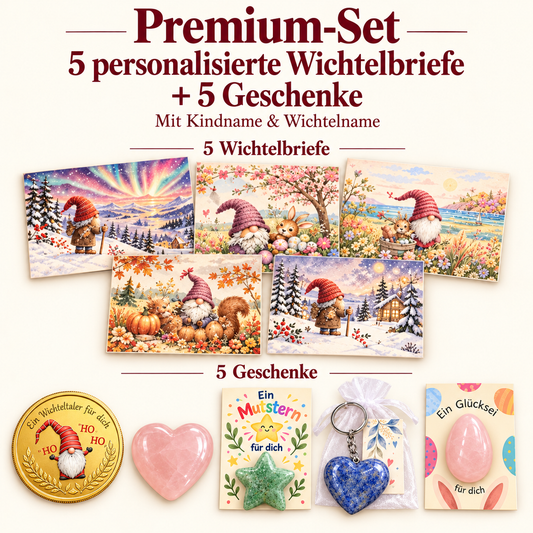 Premium Wichtelbriefe durchs ganze Jahr – 5 personalisierte Karten + 5 magische Geschenke