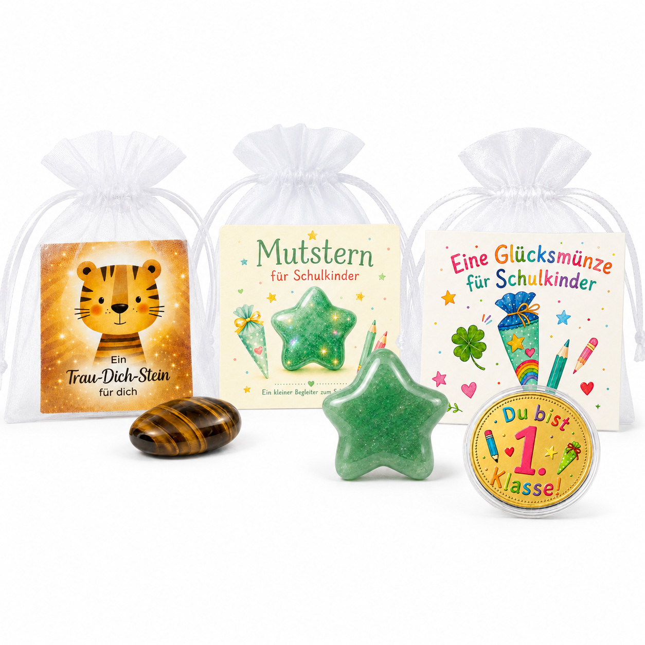 MilaBoo 3er Geschenk-Bundle zur Einschulung – Trau-Dich-Stein, Mutstern & Glücksmünze für Schulkinder