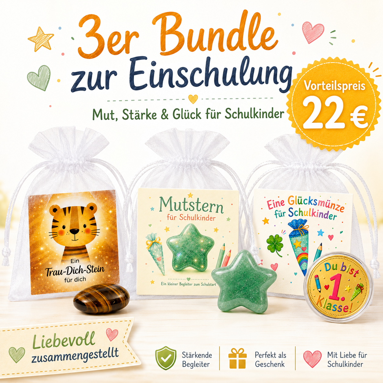MilaBoo 3er Geschenk-Bundle zur Einschulung – Trau-Dich-Stein, Mutstern & Glücksmünze für Schulkinder